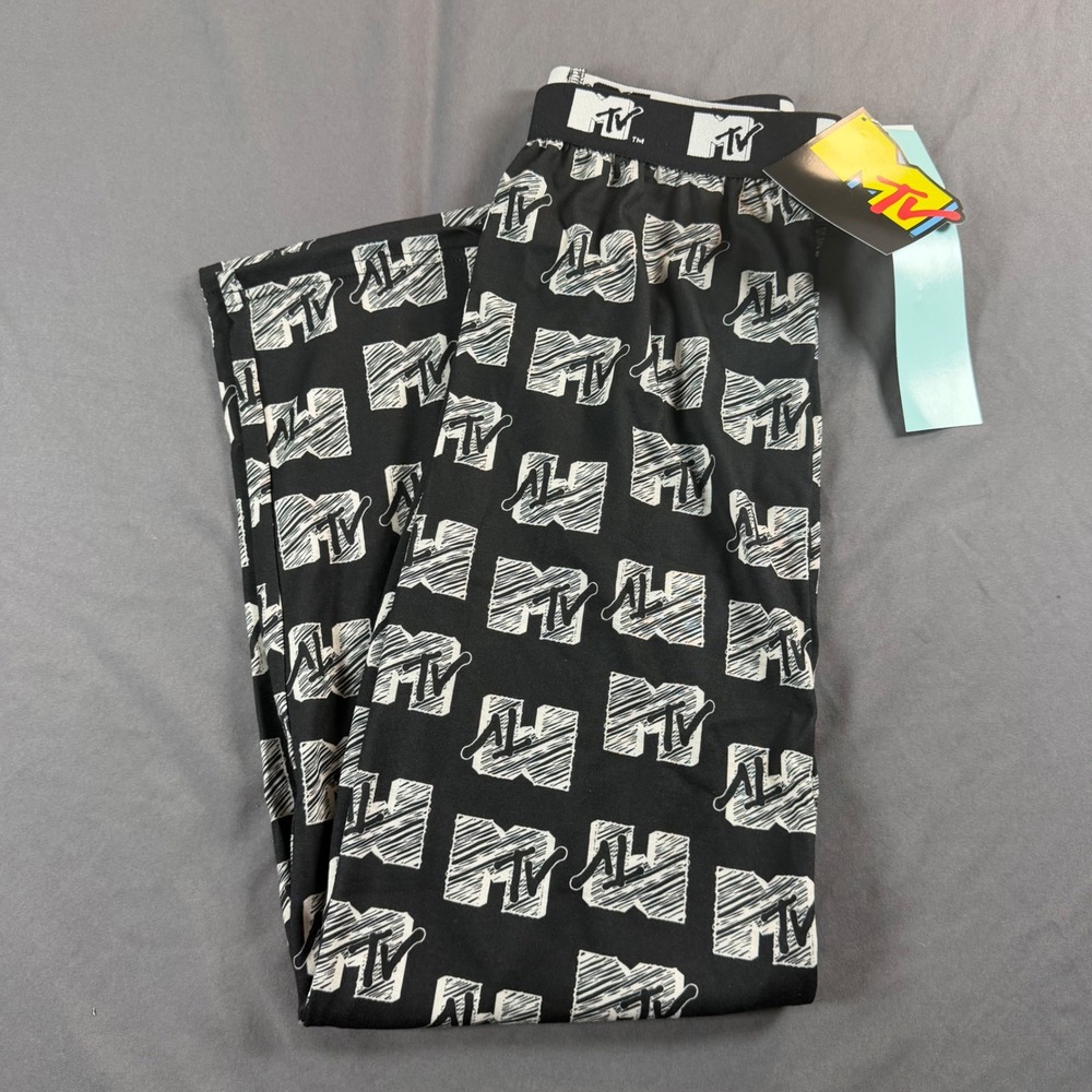 MTV Kids Logo Pajama Pants Black White Sleepwear Size M 8/10 X1000BPTTG